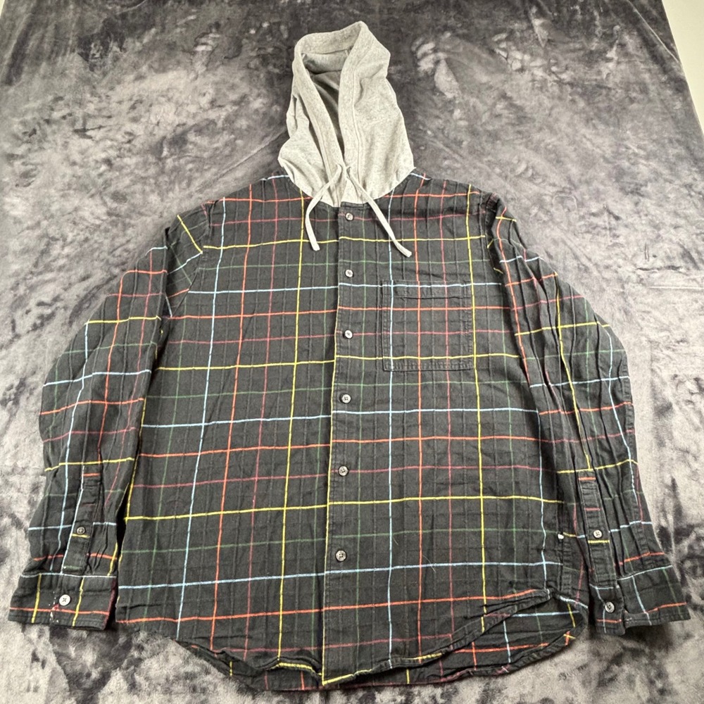 Edgar + Ash Hooded Flannel Shirt Mens Large Black Multi Color Grid Plaid Layered
